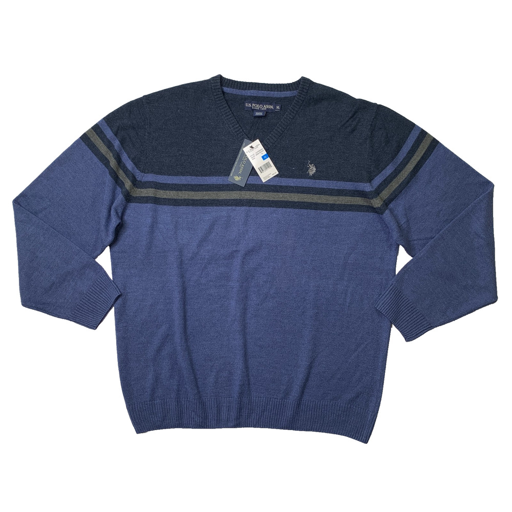 US Polo Assn Sweater Mens Extra Large Blue Heather V Neck Striped Knit Pullover